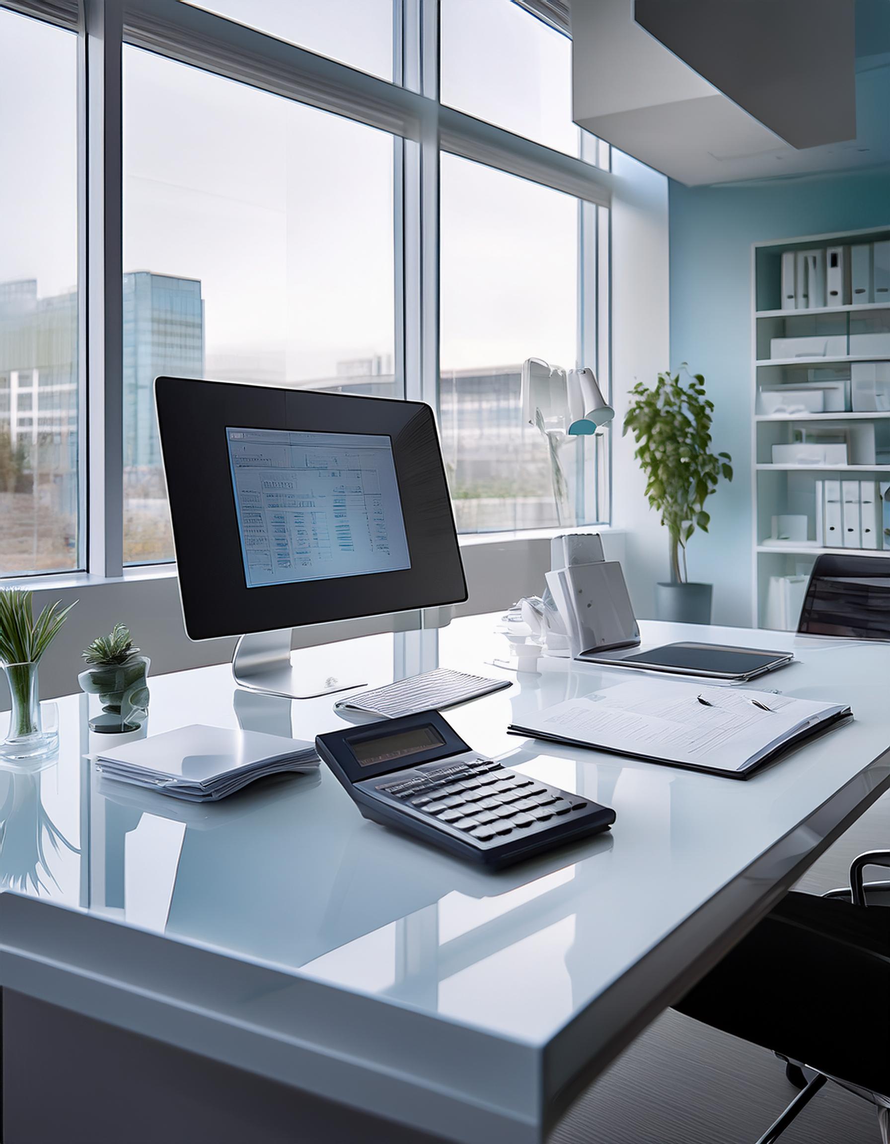 Elegantes Büro mit Dokumenten und Computer, symbolisiert Steuerberatung und Professionalität.